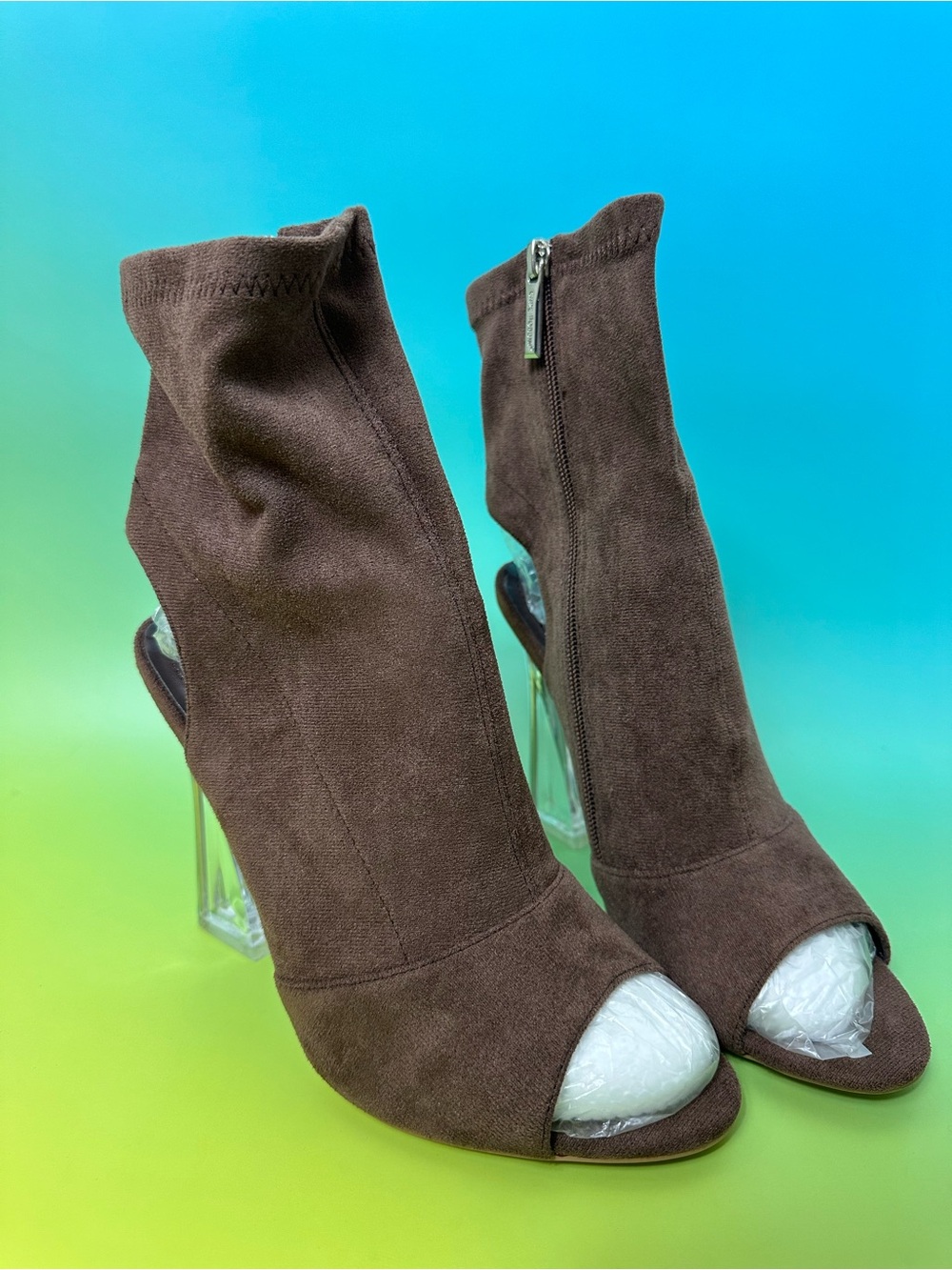 Cape Robbin Brown Suede Peep-Toe Sock Boots with Transparent Stiletto Heel